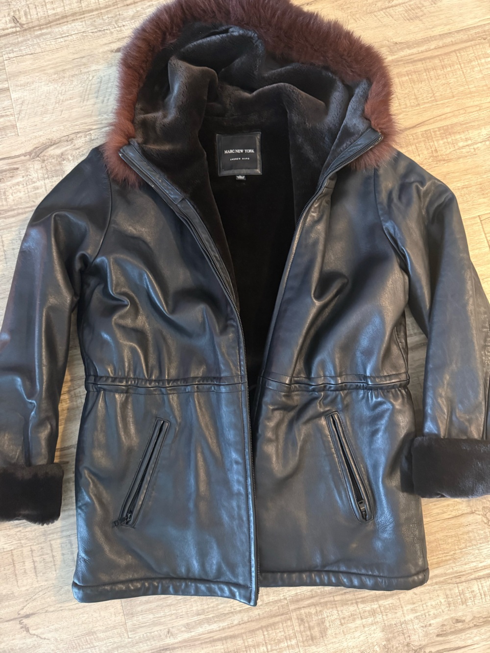 Marc New York Black Leather Bomber Jacket with Brown Fur Trim